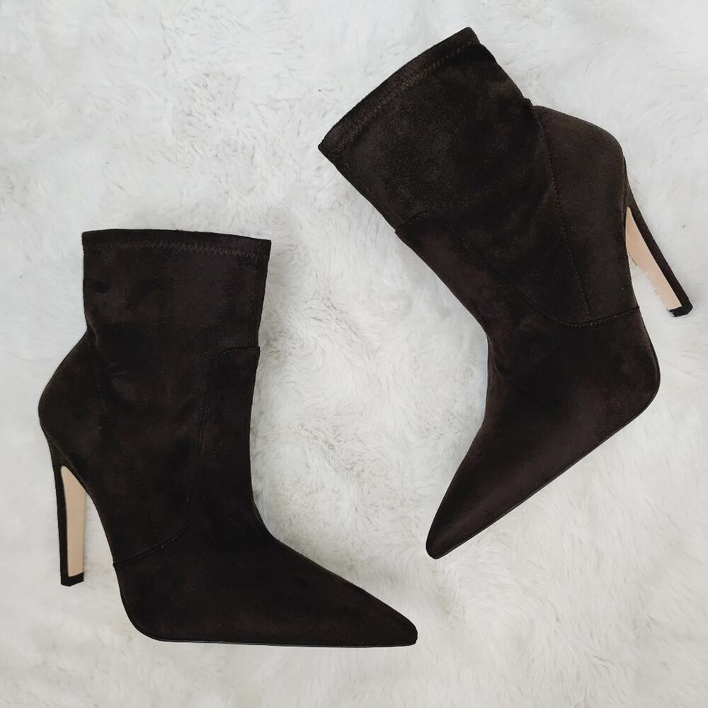 Good American Icon Boot 9 Chocolate Brown Suede Neoprene Sock Ankle Bootie